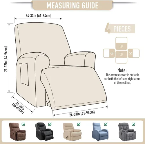 Miniatura 6 de TAOCOCO Funda reclinable de 4 piezas, funda elástica para sofá reclinable de 4 piezas, funda reclinable con 1 asiento, protector de sofá suave