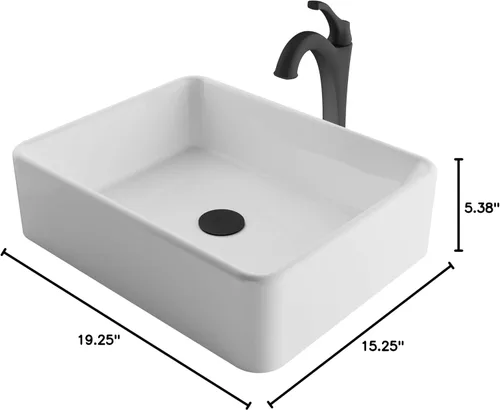 Miniatura 8 de KRAUS Elavo C-KCV-121-1200MB - Lavabo de baño de cerámica rectangular de porcelana blanca moderna de 19 pulgadas y grifo Arlo negro mate con drenaje
