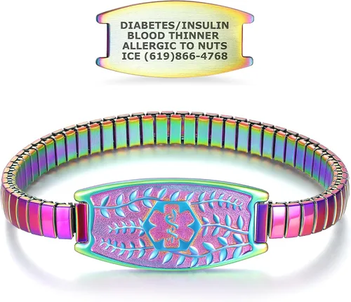 Miniatura 9 de Pulsera de Alerta Médica Elástica Oliva Divoti – Etiqueta de ID de Acero Inoxidable Grabada Personalizada – Hipoalergénica, Sin Cierre