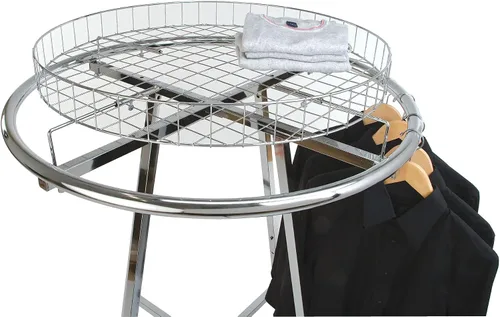 Econoco Perchero redondo plegable para ropa, pantalla minorista de altura ajustable, acabado cromado (estante de 36 pulgadas con cesta superior de