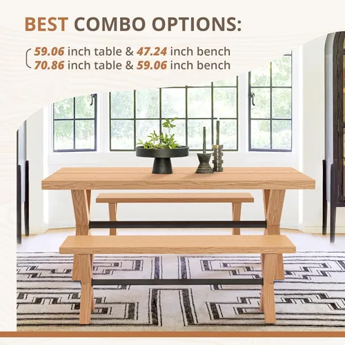 Miniatura 7 de LUE BONA Banco de comedor de 47 pulgadas con madera maciza, banco de cocina de granja con grano de madera natural, silla de comedor rectangular