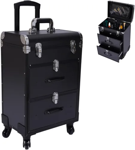 Caja de tren de maquillaje rodante, caja de almacenamiento de maquillaje de 3 capas, carrito cosmético grande con cerraduras, organizador de Negro