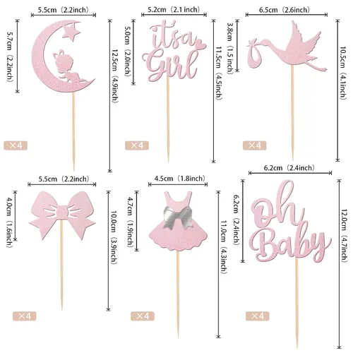 Miniatura 2 de 24 piezas de adornos para cupcakes con lazo con purpurina, vestido de luna Oh Baby para revelación de género, baby shower, fiesta de cumpleaños