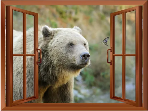 Miniatura 2 de wall26 Adhesivo decorativo para pared, diseño de oso y mariposa fuera de una ventana abierta, no se pega ni se pega, papel tapiz no tejido