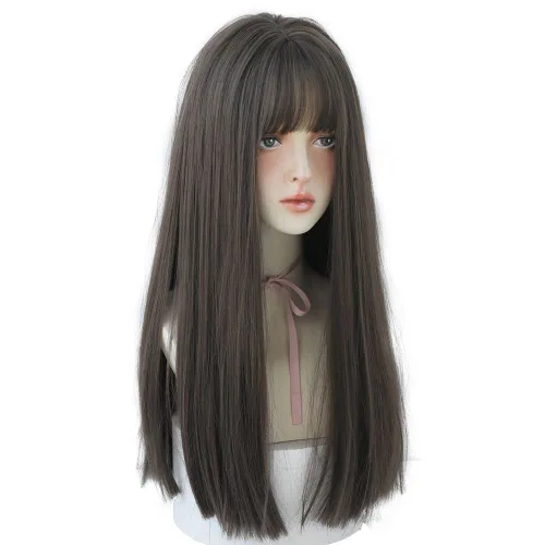 Miniatura 20 de Peluca de 22 pulgadas de largo y lacia con flequillo de cortina para mujer, cabello sintético negro, resistente al calor, para fiesta, cosplay, Té