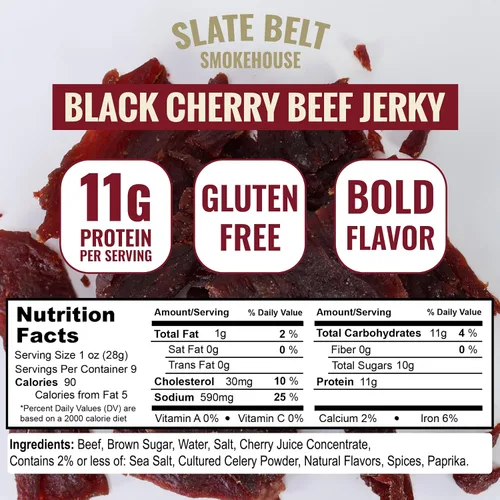 Miniatura 2 de Slate Belt Smokehouse Black Cherry Beef Jerky, aperitivo alto en proteínas, cecina sin gluten, 9 onzas