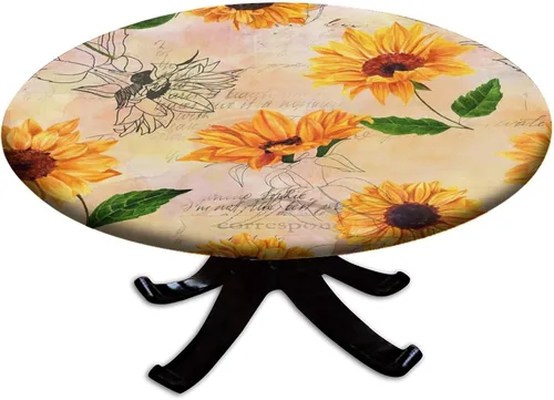 Miniatura 107 de Mantel ajustable con diseño de girasol redondo, borde elástico amarillo, mantel de poliéster para interiores y exteriores, fiesta, cena, patio