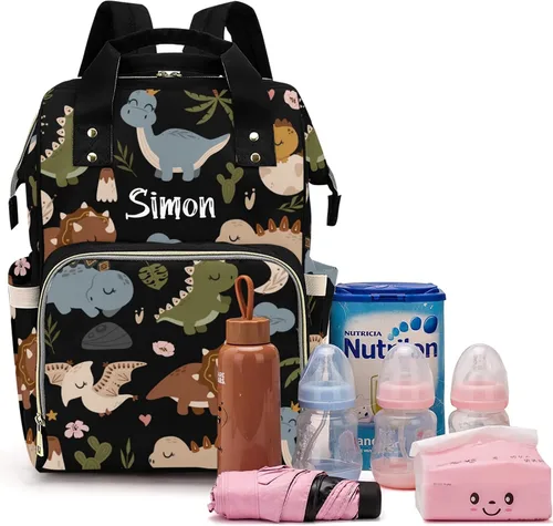 Linda bolsa de pañales personalizada de dinosaurio tropical de gran capacidad para bebé, niño y niña, impermeable, con nombre personalizado, mochila