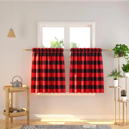 Miniatura 128 de Cenefas de cortina para ventana de 16 pulgadas de largo, 2 paneles de cuadros búfalo, cortinas pequeñas con bolsillo para barra, estilo clásico