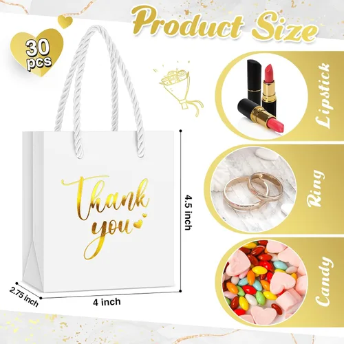 Miniatura 3 de Honoson 30 Piezas Mini Bolsas de Regalo con Asa 4 x 2.75 x 4.5'' Pequeñas Bolsas de Agradecimiento de Papel Metalizado para Navidad Boda Baby Shower