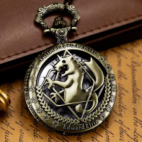 Miniatura 5 de Reloj de bolsillo Fullmetal Alchemist Edward Elric Anime con cadena de llavero y caja de collar, bronce, 1. Bronce, Retro