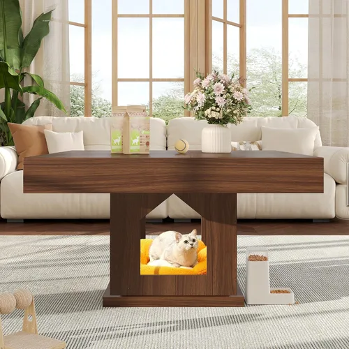 Miniatura 6 de knoworld Mesa auxiliar cuadrada, mesa de centro de madera con almacenamiento y casa para gatos, mesa de cóctel marrón rústica para sala de estar