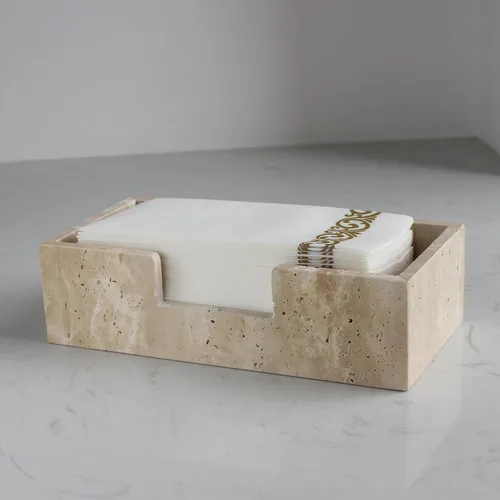 Miniatura 8 de Portatollas para invitados de travertino natural de 9.8" × 4.9" para baño, portaservilletas rectangular con borde festoneado, bandeja para toallas