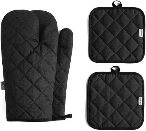 Miniatura 13 de Juego de 4 guantes para horno y soportes para ollas, resistentes al calor, 500 grados, extra gruesos, largos, de algodón, para cocina