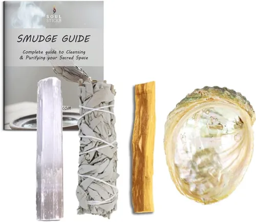 SOUL STICKS El mini kit de manchas para principiantes incluye varita de selenita de concha de abulón 3-4 de salvia blanca y palo santo con guía de