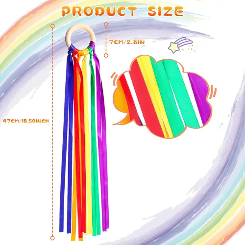Miniatura 2 de Deekin 12 piezas de cinta de arco iris de madera Waldorf juguetes creativos Waldorf juego de cometas de mano serpentinas con anillo de madera