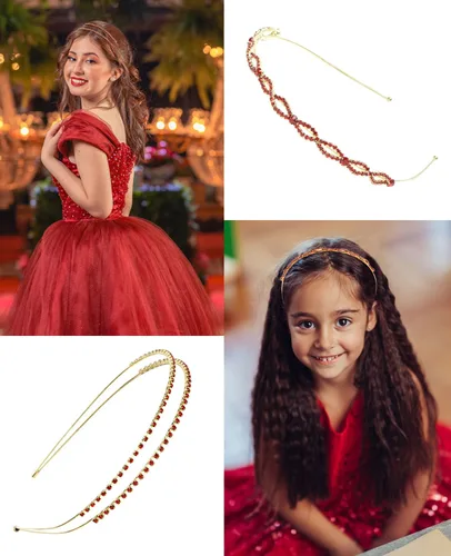 Miniatura 5 de Wecoe Paquete de 4 Diademas - Diadema de novia con diamantes de imitación rojos para niña, diadema de boda con cristales, diadema de hojas y Banda