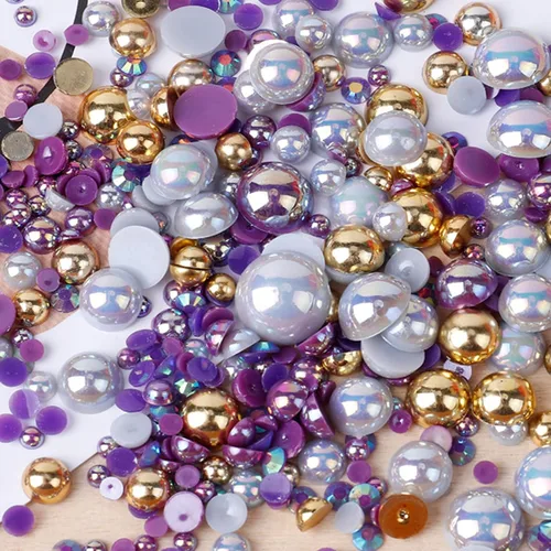 Miniatura 23 de Perlas planas y diamantes de imitación de 2.12 oz, 2200 unidades de diamantes de imitación de resina de color AB de tamaño mixto de 3 a 0.394 in