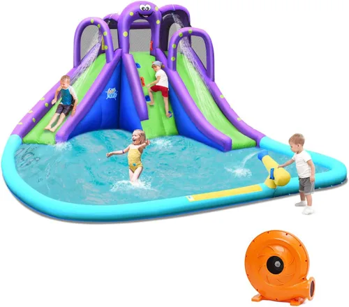Miniatura 11 de HONEY JOY Toboganes acuáticos inflables, casa de rebote para niños con toboganes largos, pared de escalada y piscina grande para salpicaduras
