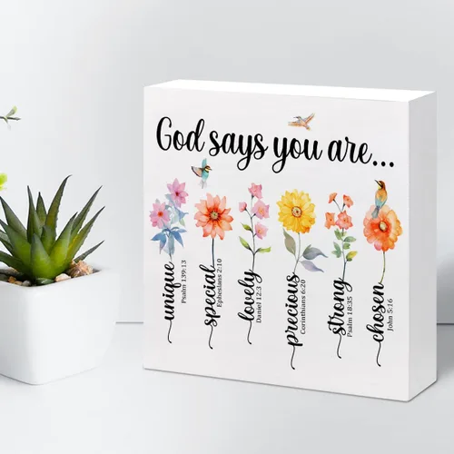 Miniatura 5 de Letrero de caja de madera con versículo bíblico, Dios dice que eres único, decoración de bloque de madera cristiana, letrero religioso de madera god