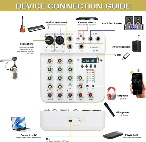 Miniatura 6 de Mezclador de audio de 4 canales pequeño, consola de mezcla de mesa de sonido con USB digital Bluetooth alimentación fantasma de 48V y eco, pequeña