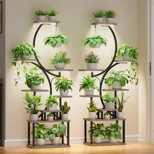 BACEKOLL Soporte para plantas de interior con luz de crecimiento, paquete de 2 estantes altos para plantas de interior, soporte para plantas de