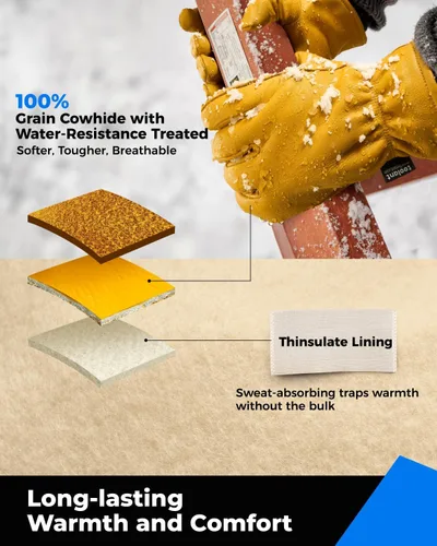 Miniatura 2 de Toolant Guantes de trabajo de invierno para hombre, de cuero aislado con resistencia al agua y protección contra abrasión para clima frío 1 par