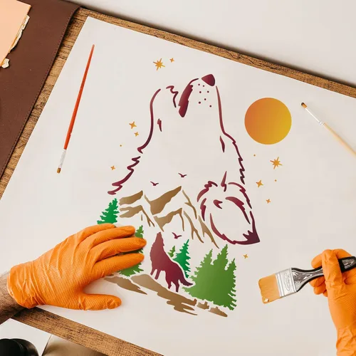 Miniatura 5 de FINGERINSPIRE Plantillas de decoración de lobo, plantillas de plástico de 11.7 x 8.3 pulgadas para dibujar con luna y montaña, tamaño A4