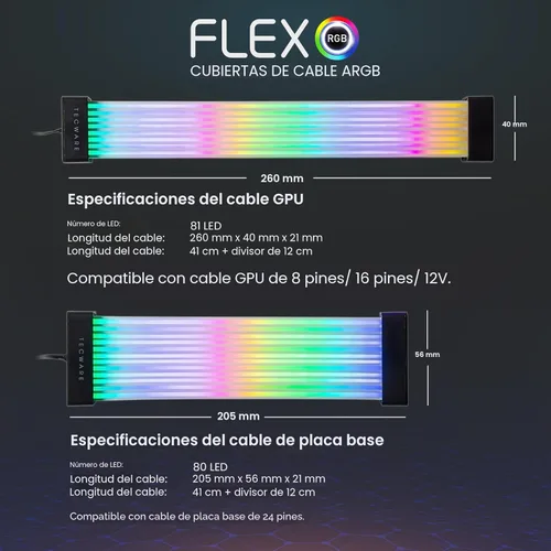 Miniatura 5 de TECWARE Kit de cubierta de cable RGB Flex Compatible con placa base de 24 pines y GPU de 8 pines/16 pines Extensión de cable PSU ARGB