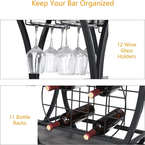 Miniatura 3 de KIVENJAJA Carrito de bar industrial, carrito de servicio rodante con estantes para vino y soporte para vidrio, estante de 3 niveles de licor