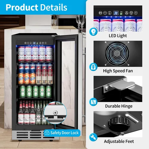 Miniatura 7 de Feelfunn Refrigerador de bebidas de 15 pulgadas bajo mostrador – Refrigerador de bebidas de 126 latas con puerta de vidrio para cerveza, vino y soda