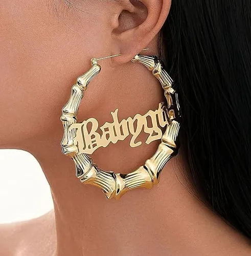Miniatura 4 de Pendientes de aro grandes de bambú con letra inglesa antigua, estilo hip-pop, accesorio de fiesta de moda