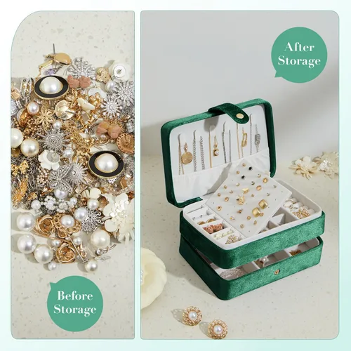 Miniatura 2 de BUTI4WLD Joyero pequeño de terciopelo para mujeres y niñas, estuche portátil de viaje de doble capa para anillos, colgantes, aretes, collares