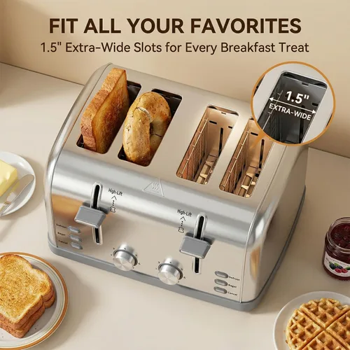 Miniatura 4 de Tostador retro de 4 rebanadas de acero inoxidable, el mejor tostador Prime de 4 rebanadas con ranura ancha y 7 configuraciones de tostado, perfecto