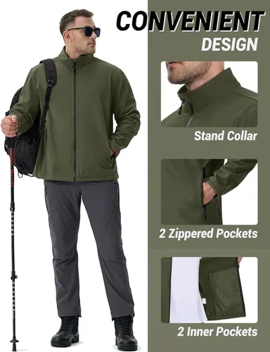 Miniatura 5 de TACVASEN Chaqueta ligera Softshell para hombre, impermeable, ligera, con forro polar, abrigo de invierno con 4 bolsillos cortavientos