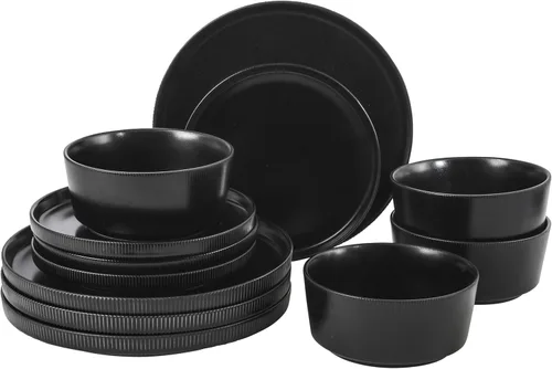 Gibson Home Dempsey Road - Juego de vajilla de gres de 12 piezas – Servicio para 4, platos y cuencos redondos negros, juego moderno de platos con