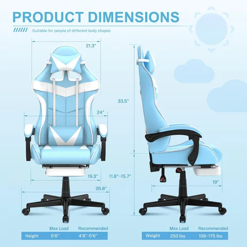Miniatura 3 de Soontrans Silla de juegos azul claro con reposapiés, bonita silla de videojuegos de conejo, silla de escritorio Kawaii para nieta, hermana, novia