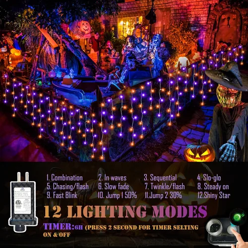 Miniatura 2 de Luces de Halloween para exteriores de 52 pies, 480 luces LED de Halloween moradas y naranjas, 12 modos de iluminación con temporizador de memoria
