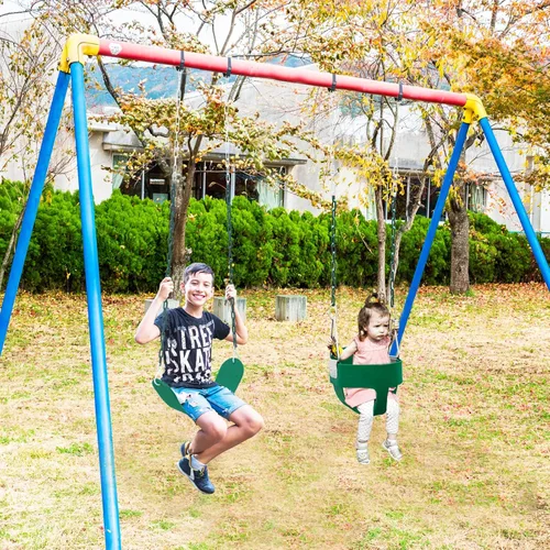 Miniatura 7 de Juego de columpio para niños pequeños para exteriores - Asiento de respaldo alto con cubo completo con 4 correas colgantes y ganchos para niños