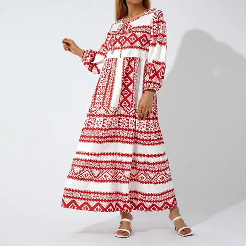 Miniatura 2 de Bowiln Vestido largo con estampado casual para mujer, con lazo frontal, cuello redondo, manga larga, holgado, talla grande