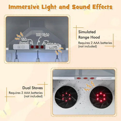 Miniatura 2 de HONEY JOY Juego de cocina de esquina para niños, juego de cocina de juguete de madera con luces y sonidos, campana extractora, máquina de hielo