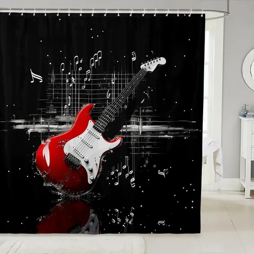 Miniatura 8 de Cortina de ducha de guitarra roja, cortina de baño de música Hip Pop, decoración de baño para niños y niñas, cortina de baño de guitarra de moda