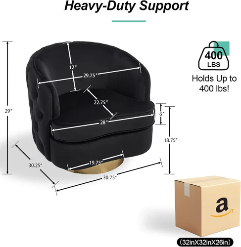 Miniatura 2 de Hyfirm Silla decorativa moderna negra, sillón giratorio de barril para sala de estar, sillas cómodas de terciopelo con botones, asiento de sofá