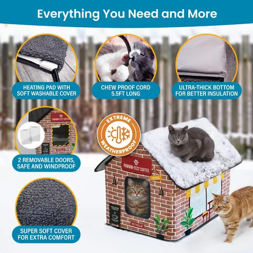Miniatura 3 de Casa climatizada de lujo para gatos para invierno - Resistente a la intemperie, aislada, fácil montaje, almohadilla térmica para gatos, puertas