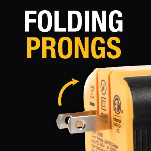 Miniatura 7 de DEWALT Cargador USB NeverBlock de Servicio Pesado, Adaptador de Cargador de Pared de Puerto Dual Angulado de 12W, Enchufe Plegable, Ladrillo de Caja