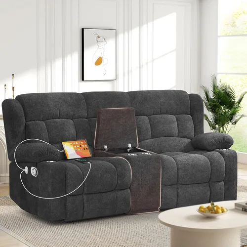 Miniatura 15 de Juego de Sofá Reclinable de Dos Plazas con 2+1 Piezas, Sillón Reclinable Minimalista de 2 Plazas con Pestaña de Tirón Manual, Tela con Puertos