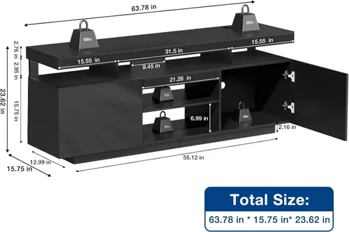Miniatura 2 de HOMMPA Soporte de TV LED de 70 pulgadas con tomas de corriente, moderno centro de entretenimiento con luces LED para sala de estar, gabinete Negro