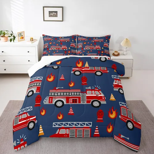 Miniatura 19 de Feelyou Juego de edredón de coche de dibujos animados para niños, edredón de construcción para niños, juego de ropa de cama de camiones y equipos