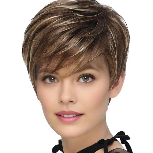 Miniatura 23 de TISHINING Pelucas rubias cortas en capas para mujeres blancas, longitud de la barbilla, color rubio ceniza, parte lateral, peluca Pixie Bob, cabello