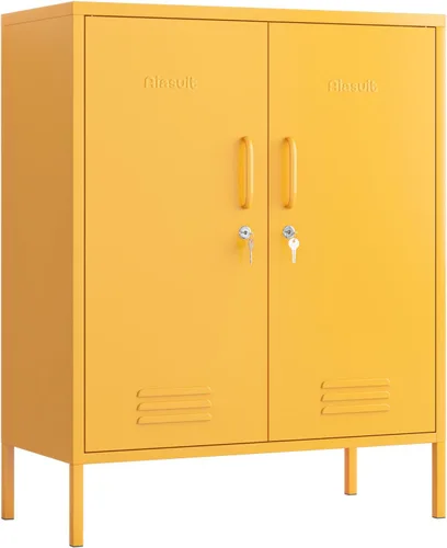 Armario de almacenamiento de metal con cerradura de 2 puertas, 3 niveles, resistente, multifuncional con estantes extraíbles, fácil montaje, ideal